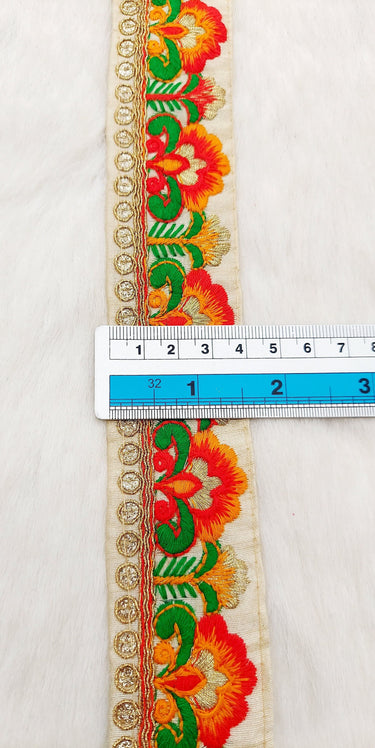 Beige Art Silk Lace Trim in Floral Embroidery, Gold Sequins Embellishments, Decorative Trim